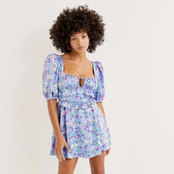 For Love and Lemons $212 Charlene Blue Floral Puff Sleeve Corset Dress SZ S - Picture 1 of 13